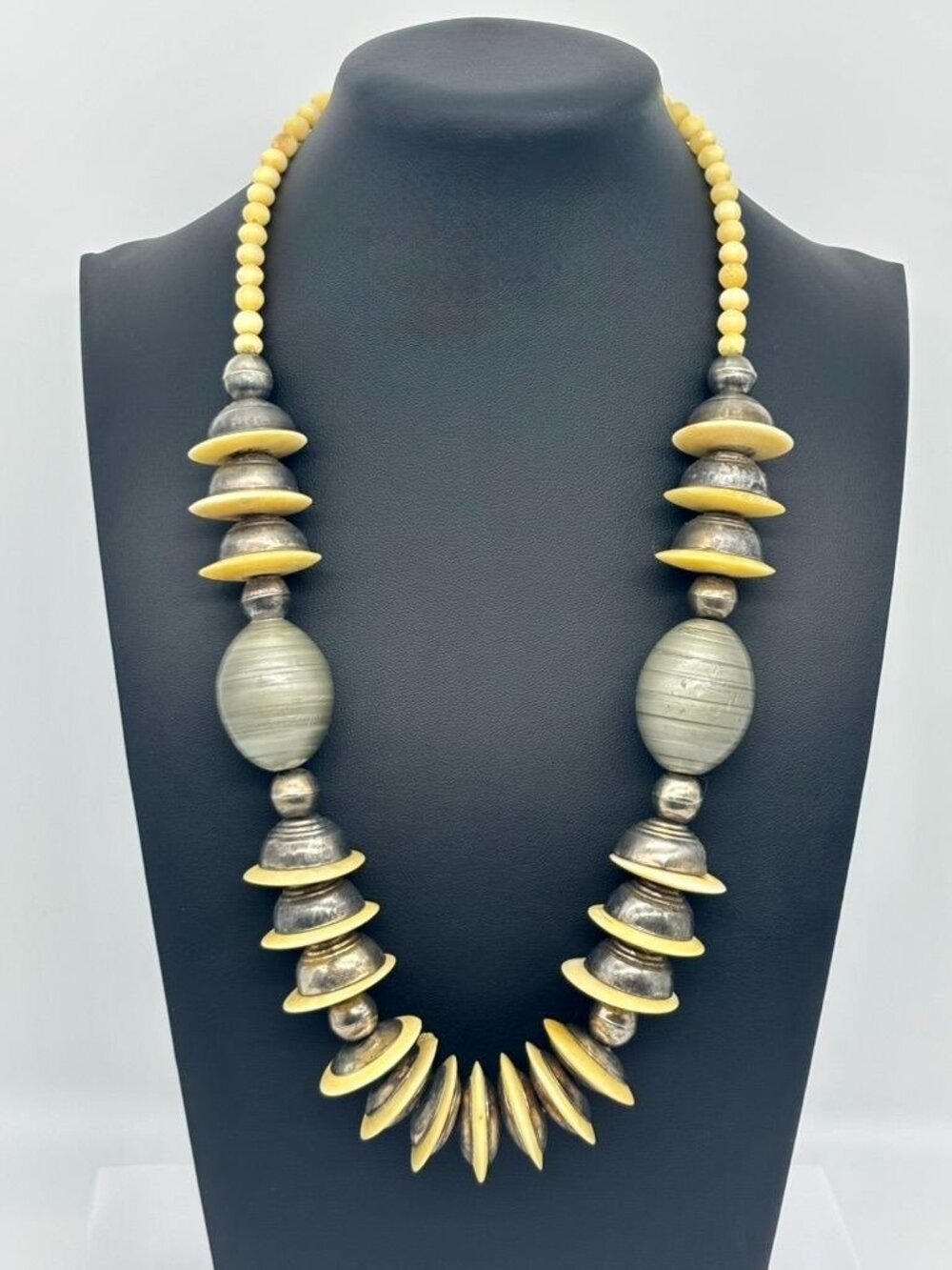Vintage Statement Tribal Ethnic Necklace W/Silver Tone and Faux Bone Beads Discs